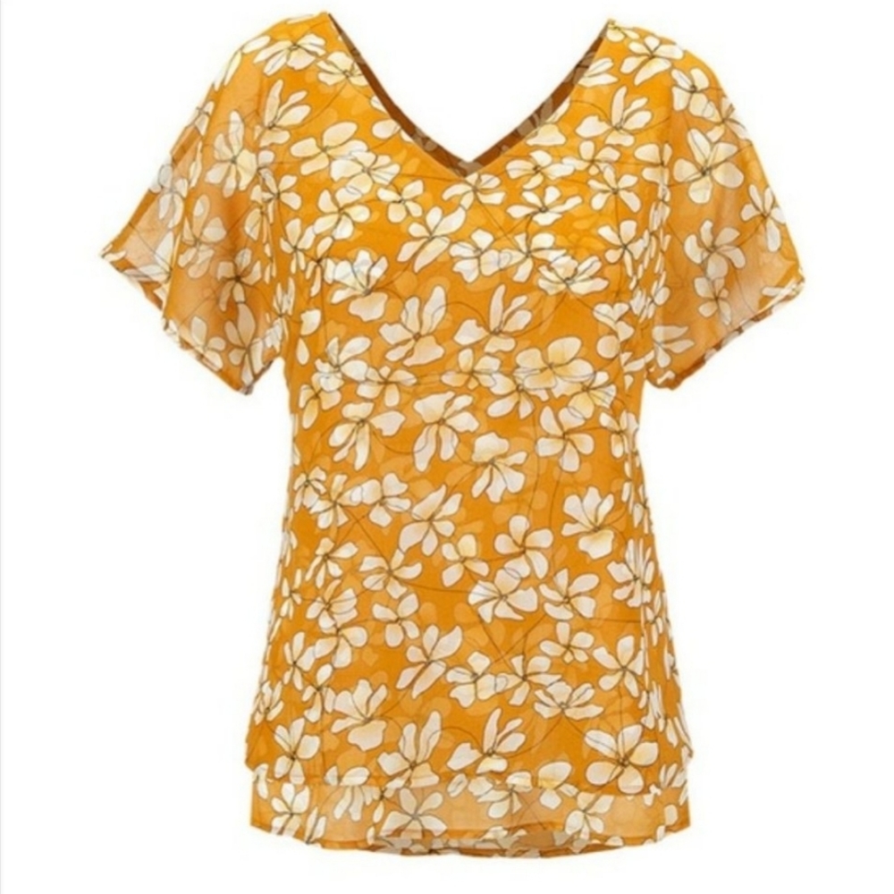 CAbi Thrive Floral Double Layer Chiffon Top Butterscotch Yellow V-Neck Flowy XL - Picture 8 of 8